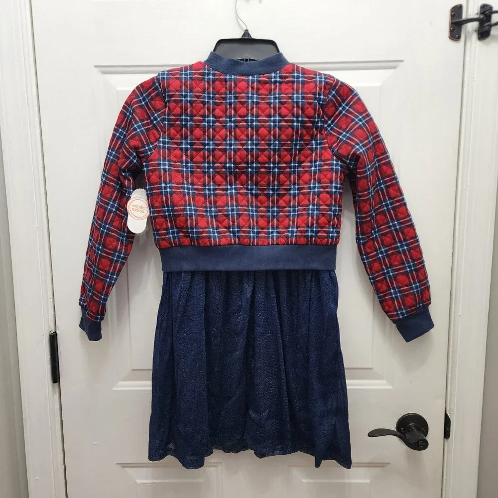 NWT Wonder Nation Dress and Quilted Plaid Bomber Jacket 2-Piece Set Size L/G